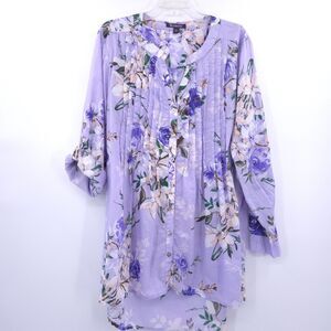 Roaman's floral button up tunic top womens Pluse Size 22w purple roll tab sleeve